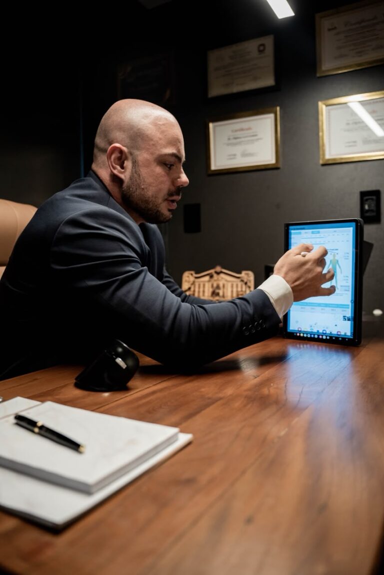 Dr. Eliphas Levi faz atendimento médico a distância e já passou de 2 mil pacientes Dr. Eliphas Levi, de terno, aponta para um laudo de composição corporal exibido em tablet sobre a mesa do consultório